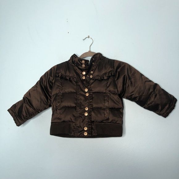 Hanna Andersson Puffer Coat Girls 100 US 4 Black Satin Ruffle Trim Down Goose